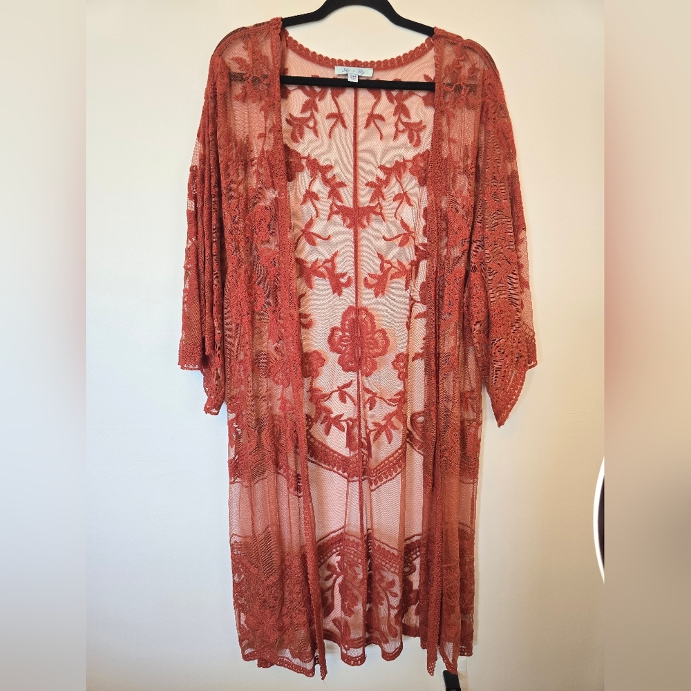 She + Sky Rust Floral Embroidered Mesh Duster
